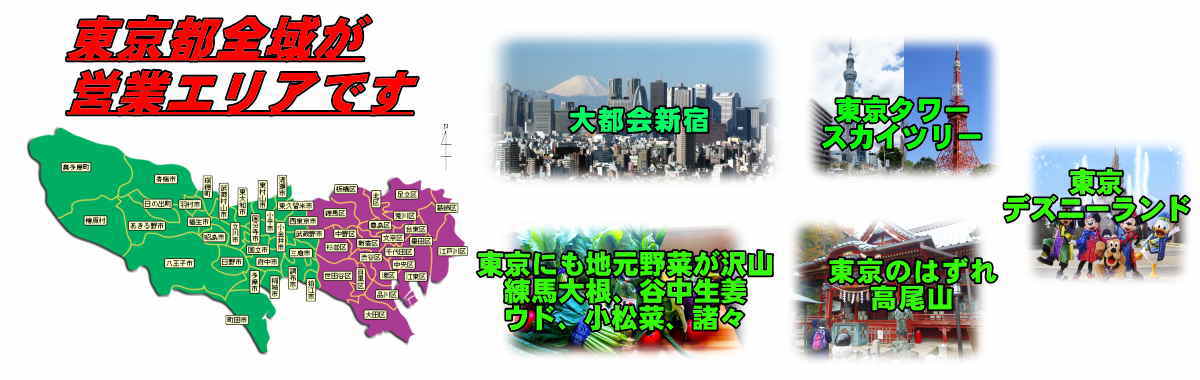 東京都全域が営業エリアです。日本の首都東京には、大都会もありますが、地元野菜があったり自然豊かな地域もまだあります。