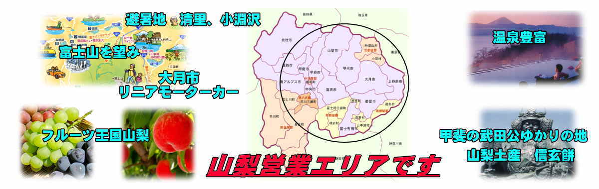 山梨営業エリアです。フルーツ王国山梨は、桃・ぶどう・さくらんぼなどたくさんのフルーツが採れます。